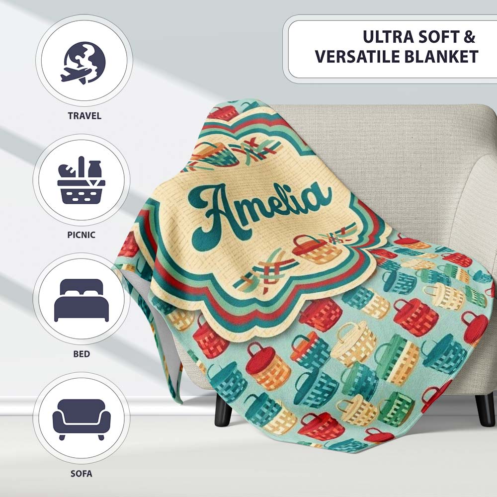 Colorful Woven Picnic Baskets Style Seamless Pattern Lovely Personalised Custom Name Super Soft Fleece Blanket Bed Sofa Throw