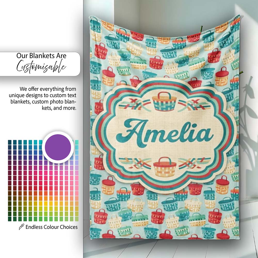 Colorful Woven Picnic Baskets Style Seamless Pattern Lovely Personalised Custom Name Super Soft Fleece Blanket Bed Sofa Throw