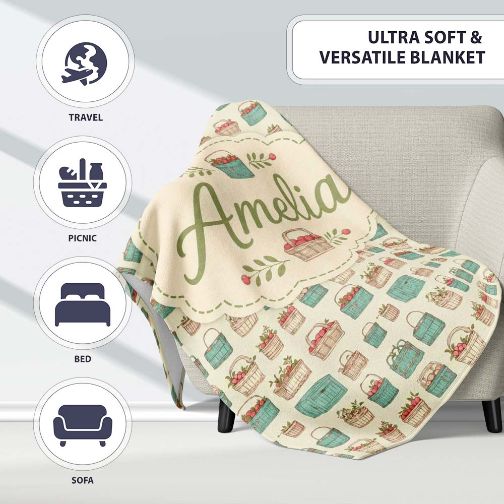 Farm Fresh Fruit Baskets and Crates Seamless Pattern Lovely Personalised Custom Name Super Soft Fleece Blanket Bed Sofa Throw