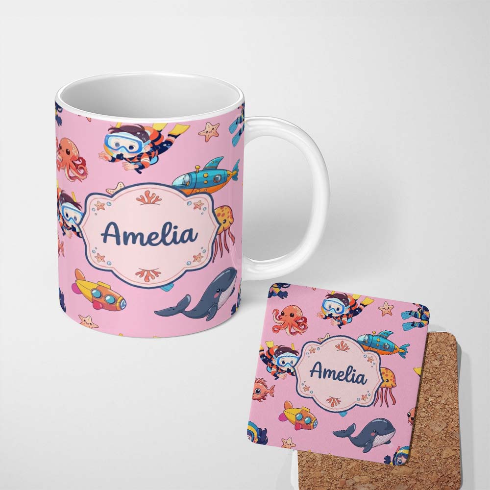 Personalized Custom Name Kids Scuba Divers Submarine Jellyfish Ocean Animals Rose Pink Lovely 11oz Ceramic Coffee Tea Mug White Large Handle