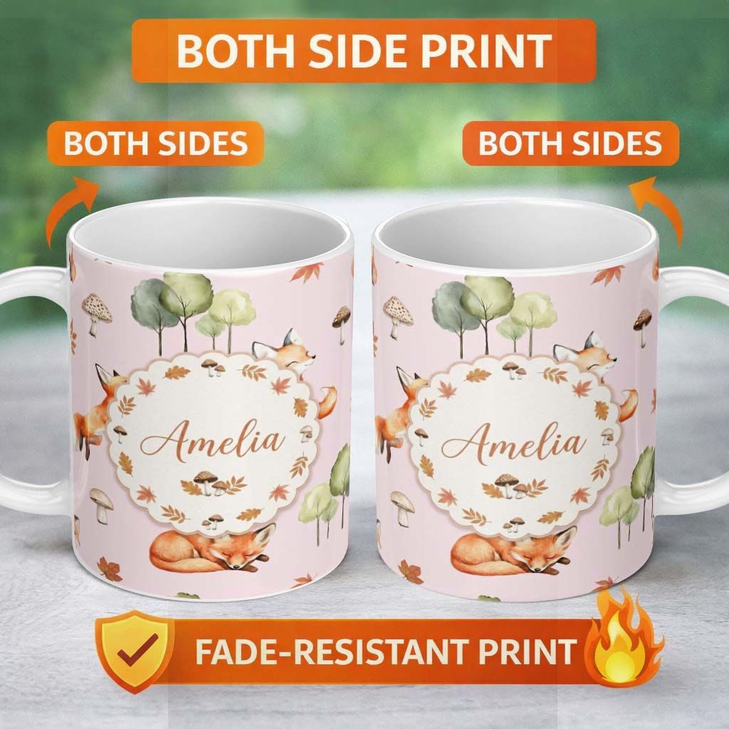 Personalized Custom Name Watercolor Woodland Fox Mushroom Autumn on Dusty Pink Background 11oz Ceramic Coffee Tea Mug White Large Handle