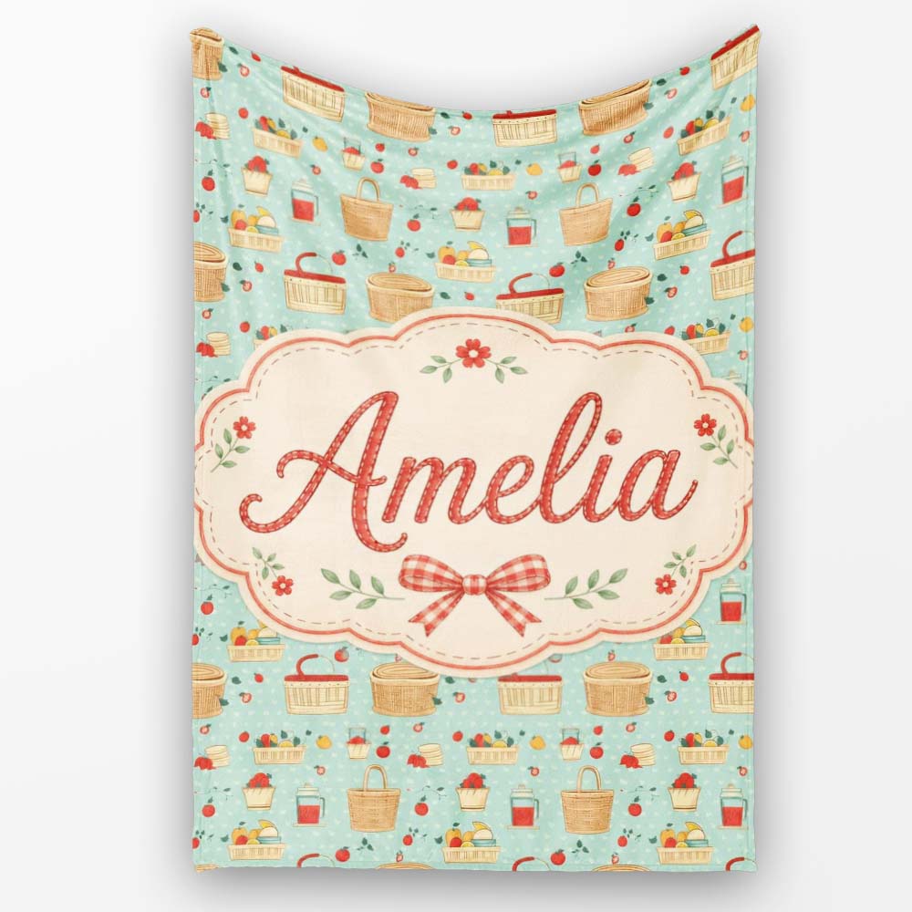 Cute Picnic Food and Basket Elements Soft Blue Seamless Pattern Personalised Custom Name Super Soft Fleece Blanket Bed Sofa Throw