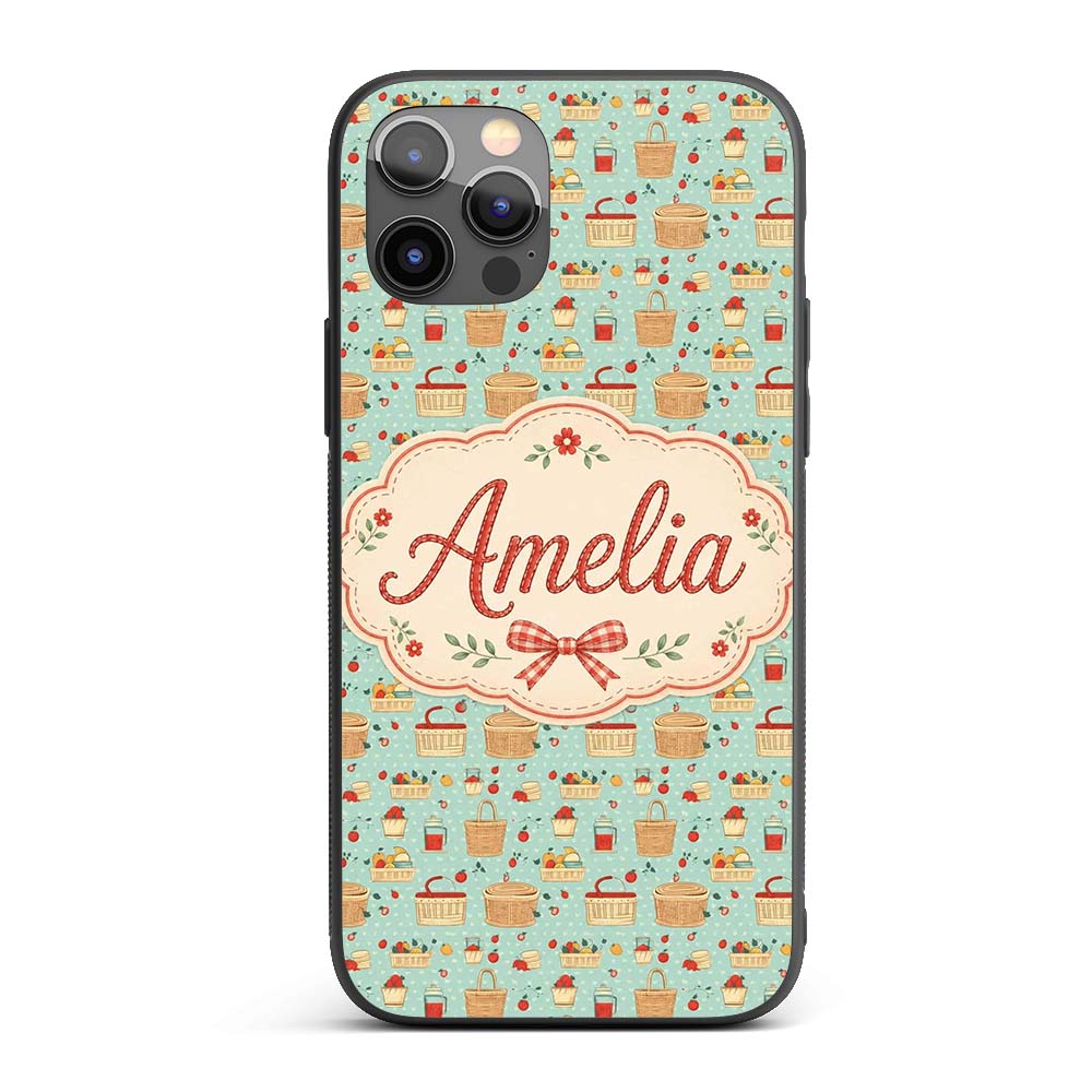 Cute Picnic Food and Basket Elements Soft Blue Custom Name Protective Phone Case Mobile Cover Durable Everyday Smartphone Shock Resistant