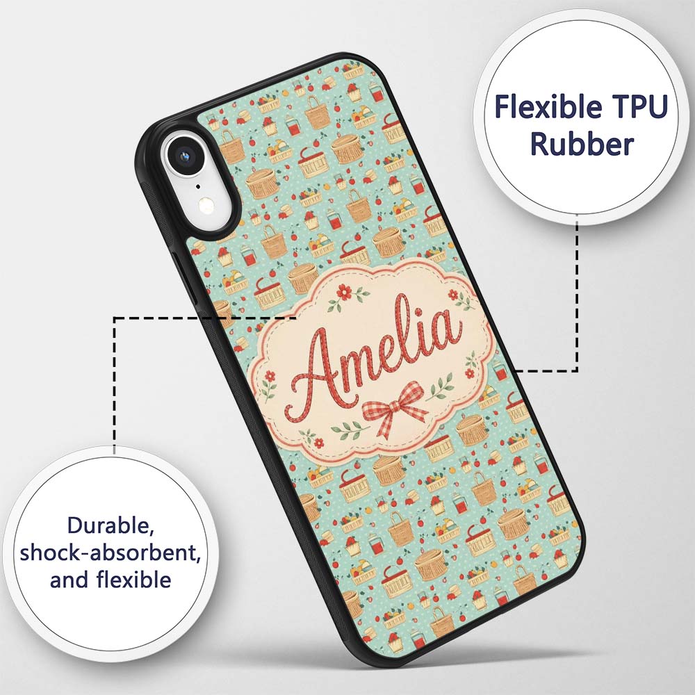 Cute Picnic Food and Basket Elements Soft Blue Custom Name Protective Phone Case Mobile Cover Durable Everyday Smartphone Shock Resistant
