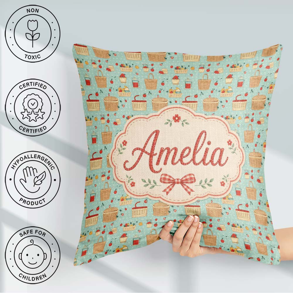 Custom Name Picnic Food and Elements Soft Blue Seamless Pattern Square Filled Cushion Throw Pillow Sofa Bed Home Decor Zip Washable UK Made