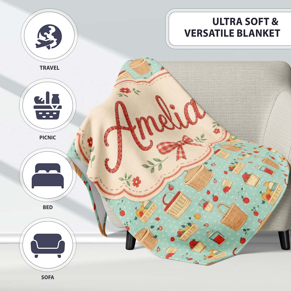 Cute Picnic Food and Basket Elements Soft Blue Seamless Pattern Personalised Custom Name Super Soft Fleece Blanket Bed Sofa Throw