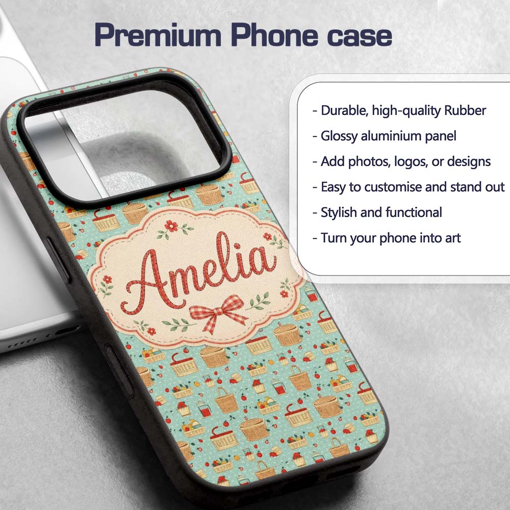 Cute Picnic Food and Basket Elements Soft Blue Custom Name Protective Phone Case Mobile Cover Durable Everyday Smartphone Shock Resistant