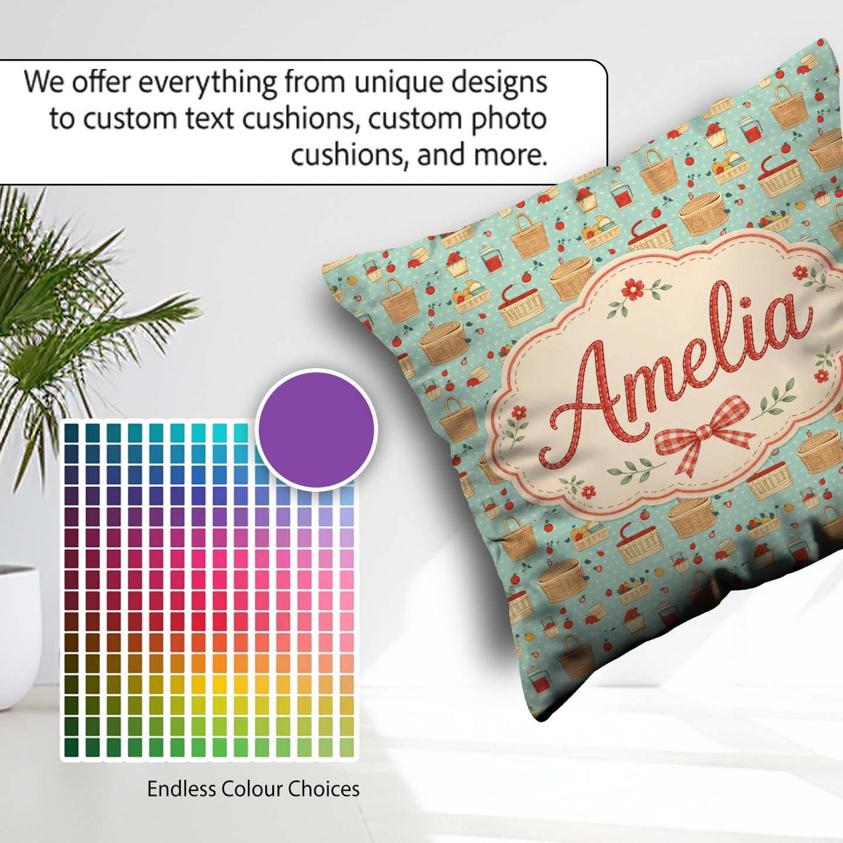 Custom Name Picnic Food and Elements Soft Blue Seamless Pattern Square Filled Cushion Throw Pillow Sofa Bed Home Decor Zip Washable UK Made