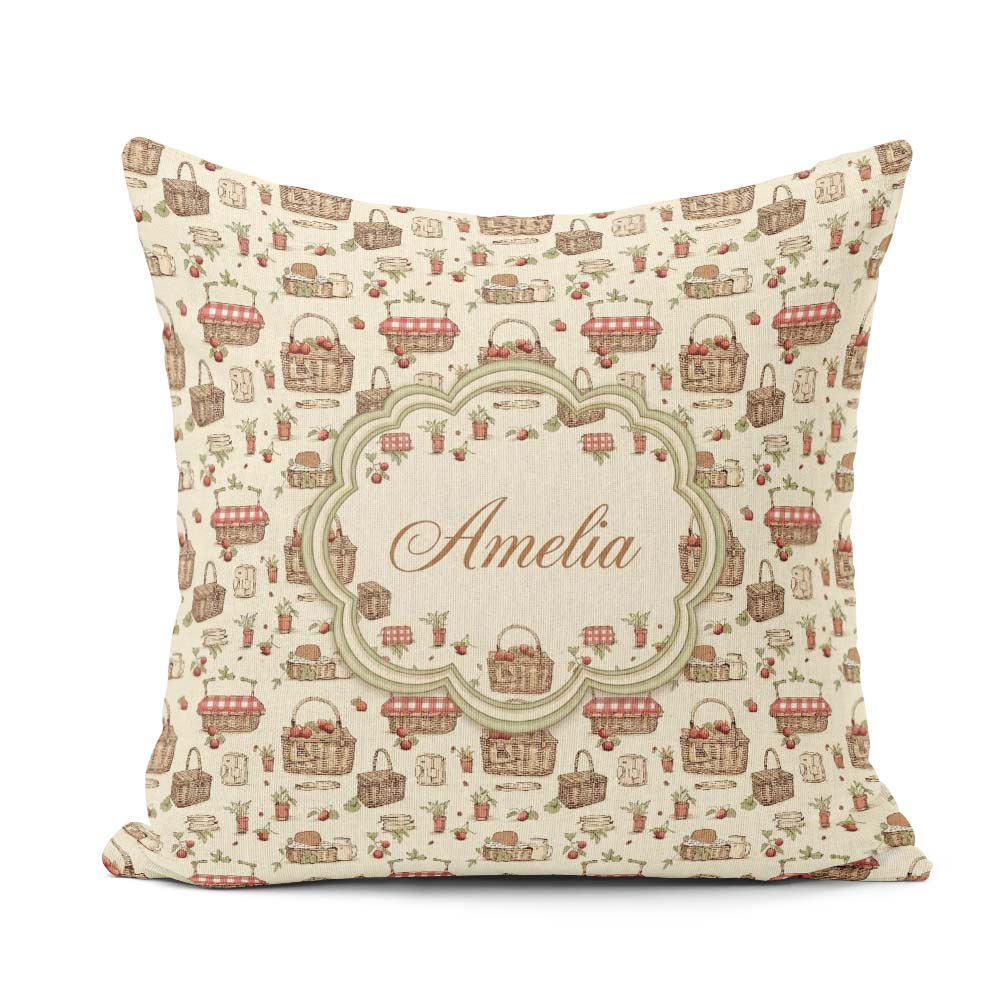 Custom Name Rustic Picnic Basket with and Garden Items Seamless Square Filled Cushion Throw Pillow Sofa Bed Home Decor Zip Washable UK Made
