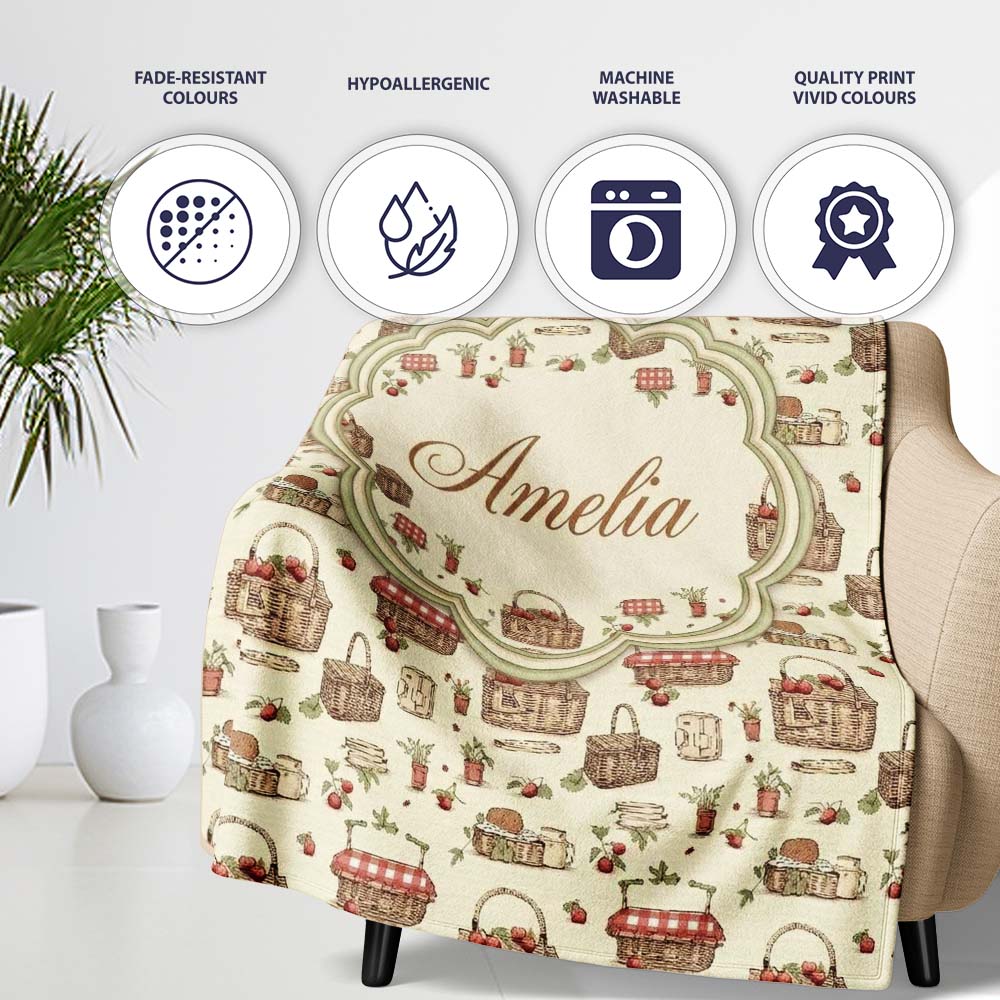 Rustic Picnic Basket with Strawberries and Garden Items Seamless Personalised Custom Name Super Soft Fleece Blanket Bed Sofa Throw