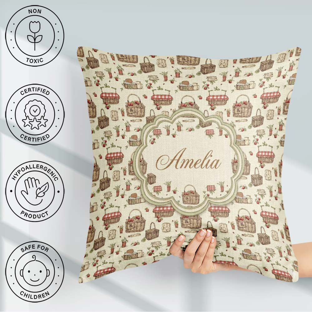 Custom Name Rustic Picnic Basket with and Garden Items Seamless Square Filled Cushion Throw Pillow Sofa Bed Home Decor Zip Washable UK Made