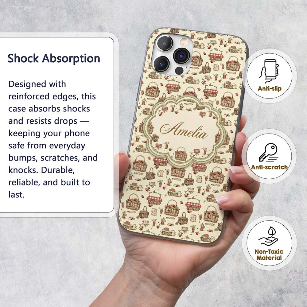 Rustic Picnic Basket with Strawberries and Garden Custom Name Protective Phone Case Mobile Cover Durable Everyday Smartphone Shock Resistant