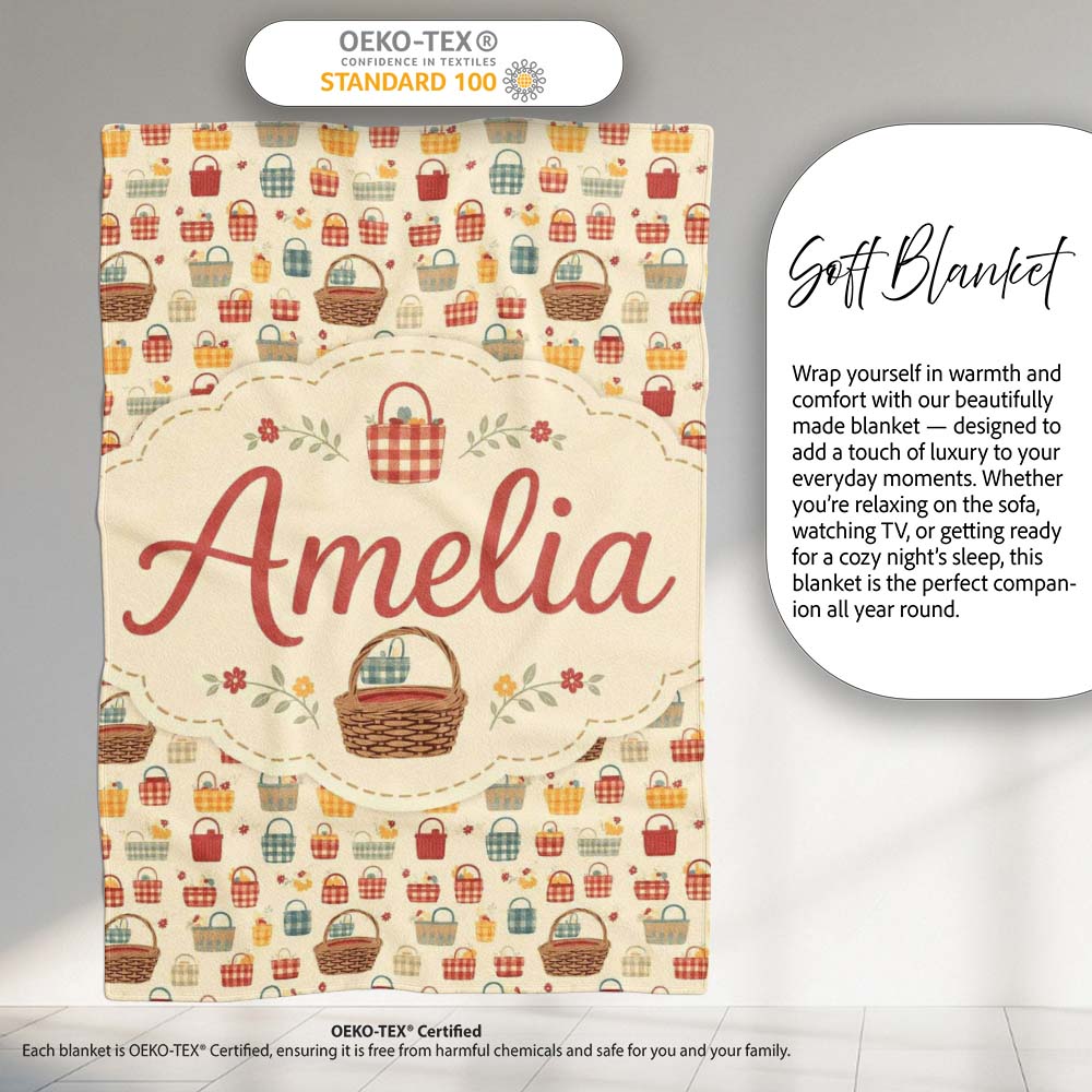 Autumn Style Checkered Picnic Baskets Seamless Pattern Lovely Personalised Custom Name Super Soft Fleece Blanket Bed Sofa Throw