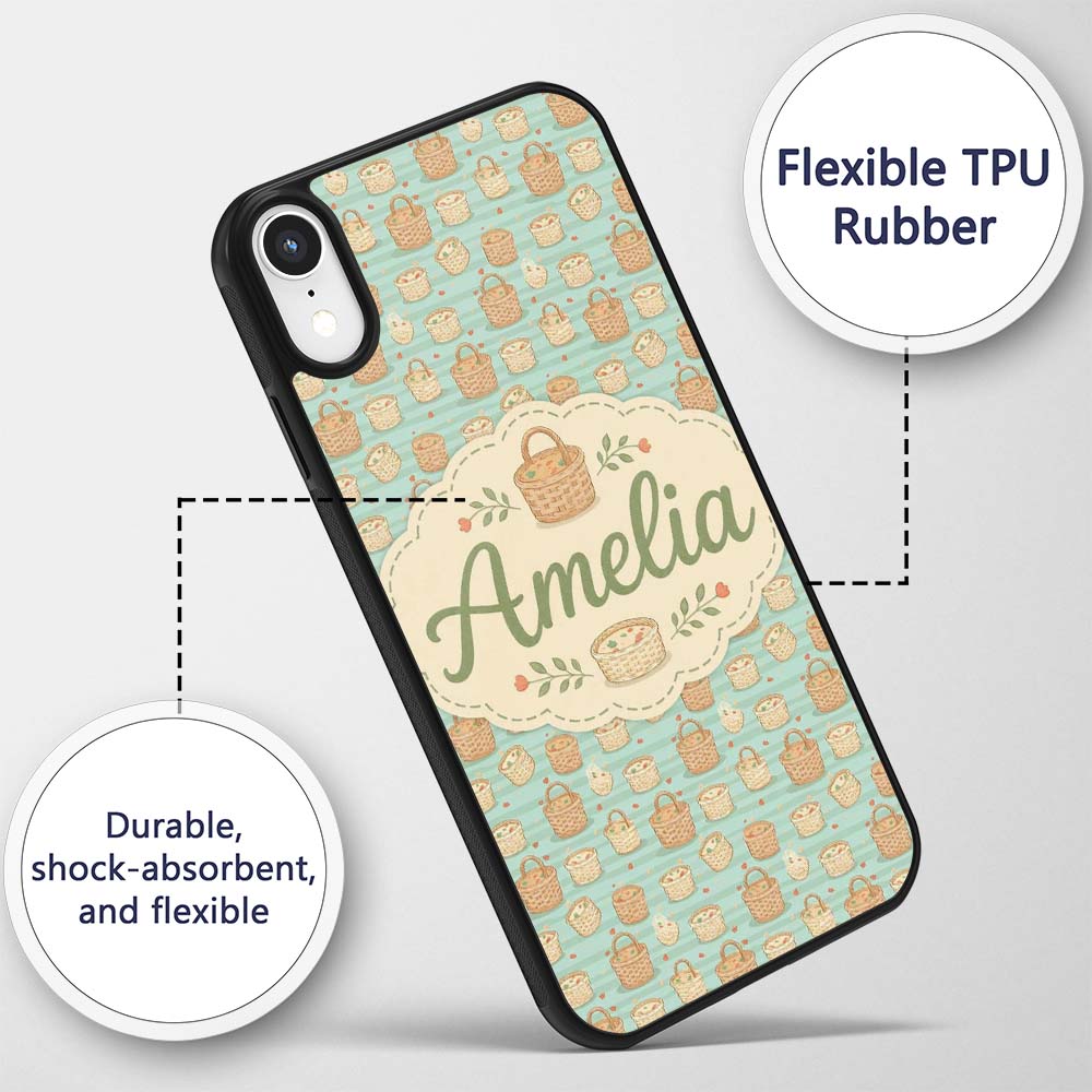 Cute Wicker Picnic Baskets with Food Elements Custom Name Protective Phone Case Mobile Cover Durable Everyday Smartphone Shock Resistant
