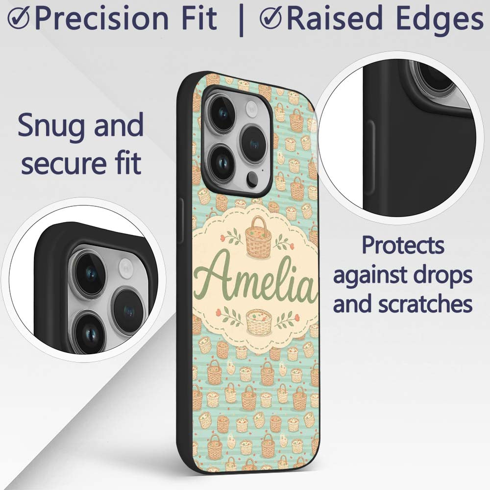 Cute Wicker Picnic Baskets with Food Elements Custom Name Protective Phone Case Mobile Cover Durable Everyday Smartphone Shock Resistant