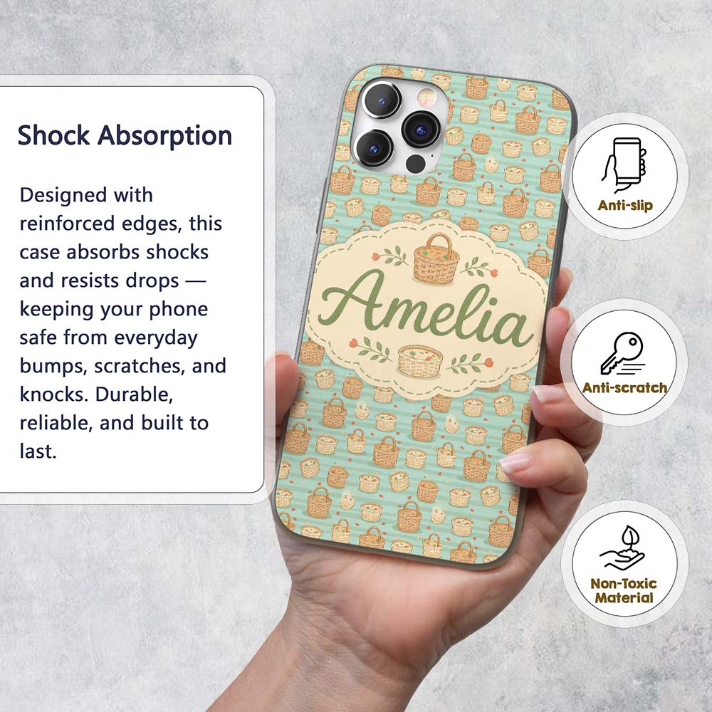 Cute Wicker Picnic Baskets with Food Elements Custom Name Protective Phone Case Mobile Cover Durable Everyday Smartphone Shock Resistant