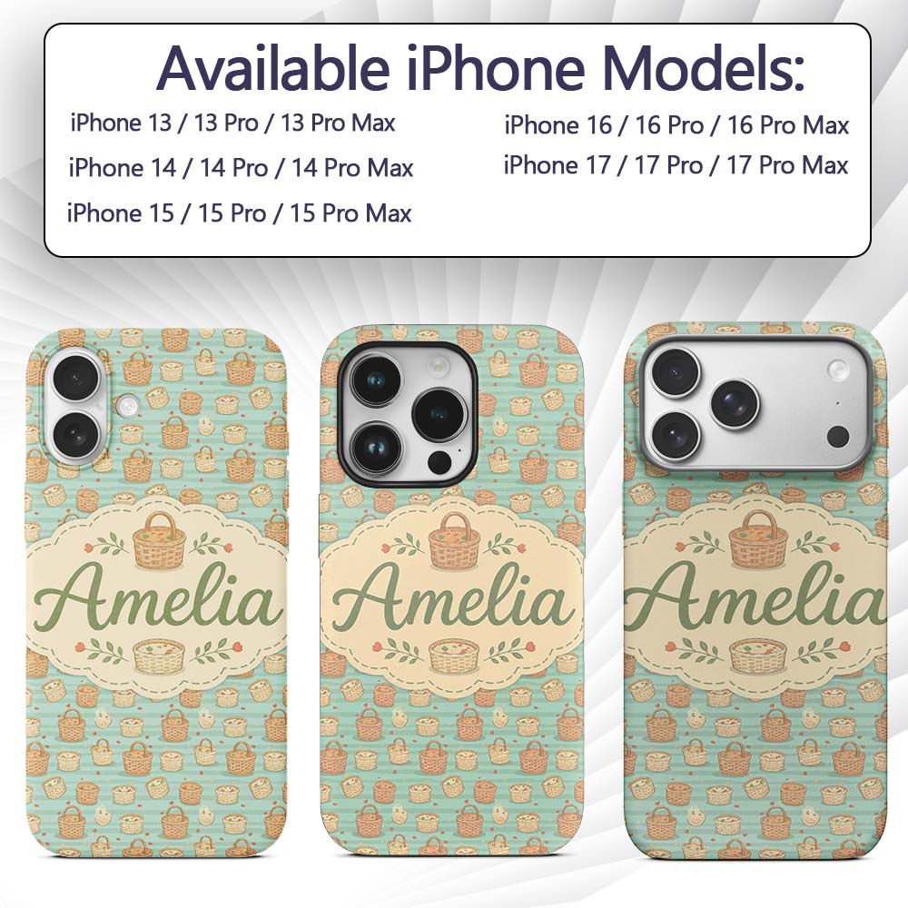 Cute Wicker Picnic Baskets with Food Elements Custom Name Protective Phone Case Mobile Cover Durable Everyday Smartphone Shock Resistant