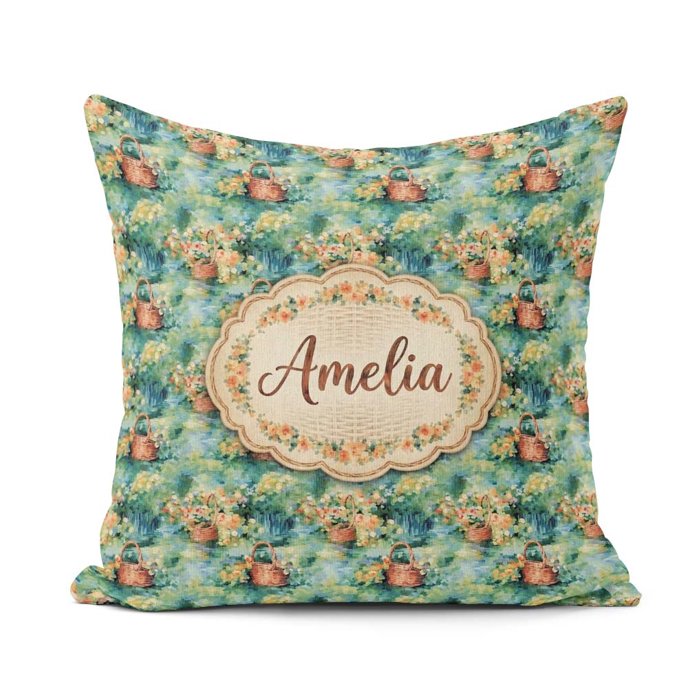 Custom Name Impressionist Garden Picnic Baskets Floral Landscape Square Filled Cushion Throw Pillow Sofa Bed Home Decor Zip Washable UK Made