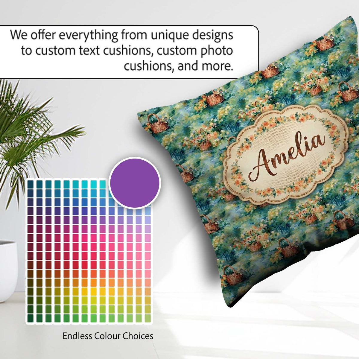 Custom Name Impressionist Garden Picnic Baskets Floral Landscape Square Filled Cushion Throw Pillow Sofa Bed Home Decor Zip Washable UK Made