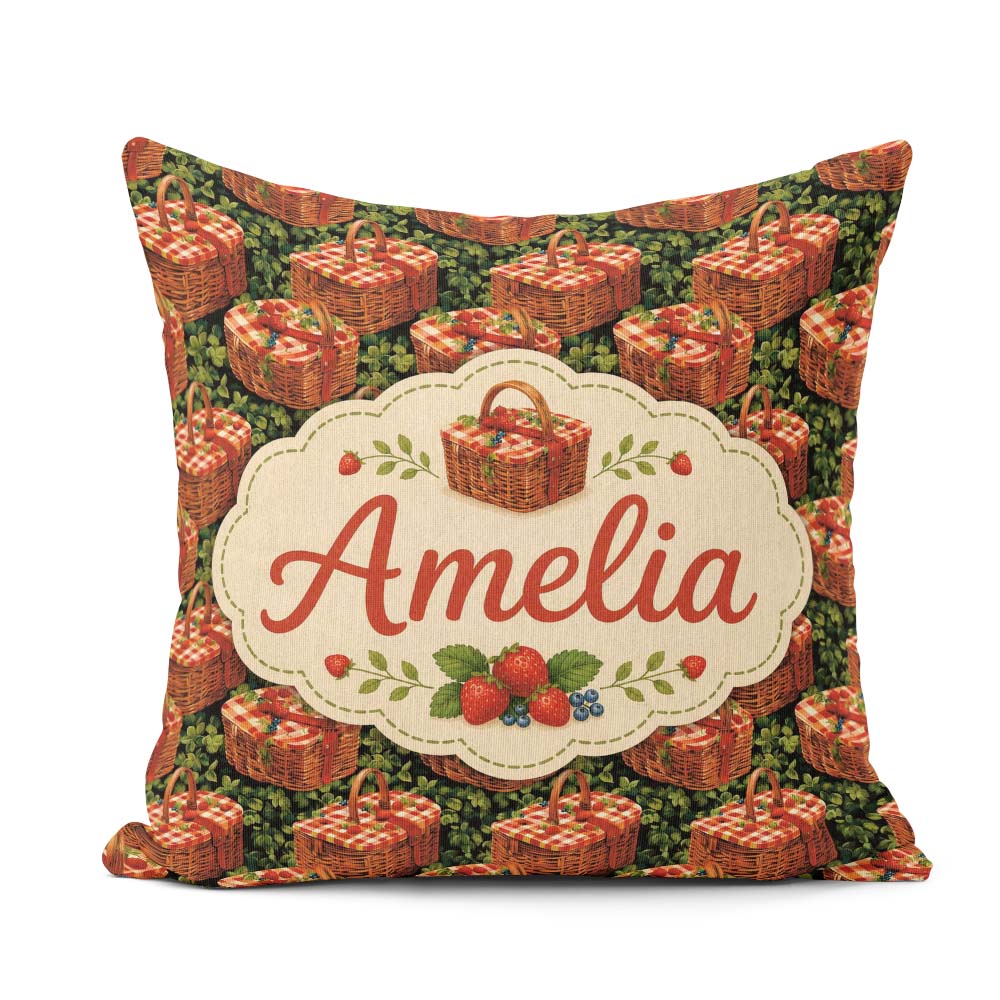 Custom Name Red Gingham Picnic Basket with Strawberries Seamless Square Filled Cushion Throw Pillow Sofa Bed Home Decor Zip Washable UK Made