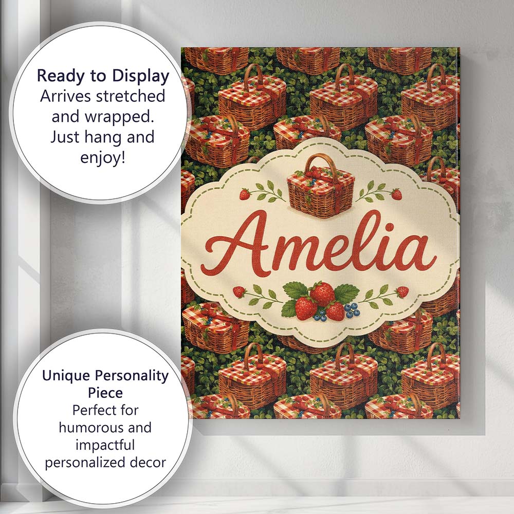 Personalised Name Red Gingham Picnic Basket Custom Bespoke Interior Contemporary Canvas Wall Art Print Decor Picture Ready to Hang
