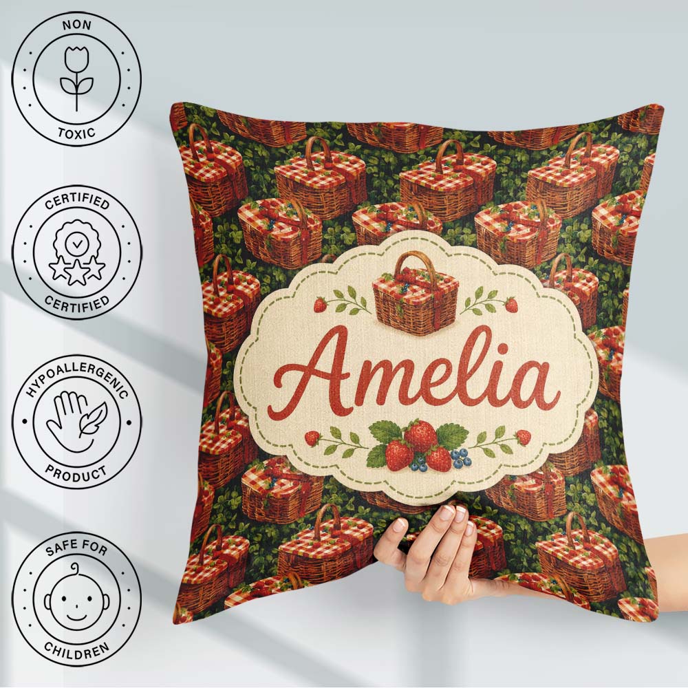 Custom Name Red Gingham Picnic Basket with Strawberries Seamless Square Filled Cushion Throw Pillow Sofa Bed Home Decor Zip Washable UK Made