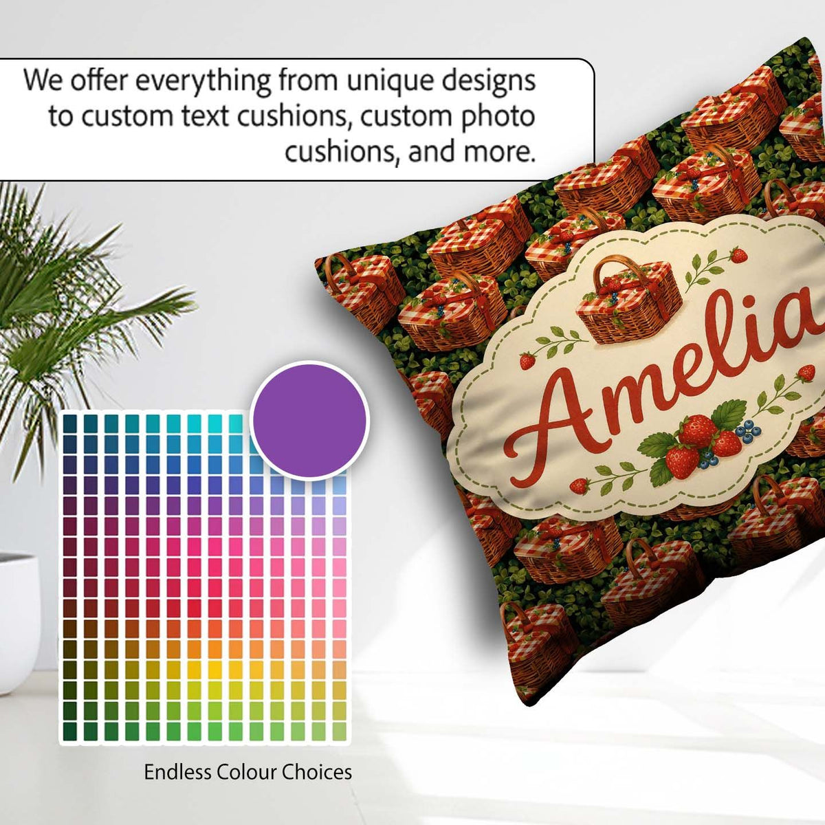 Custom Name Red Gingham Picnic Basket with Strawberries Seamless Square Filled Cushion Throw Pillow Sofa Bed Home Decor Zip Washable UK Made