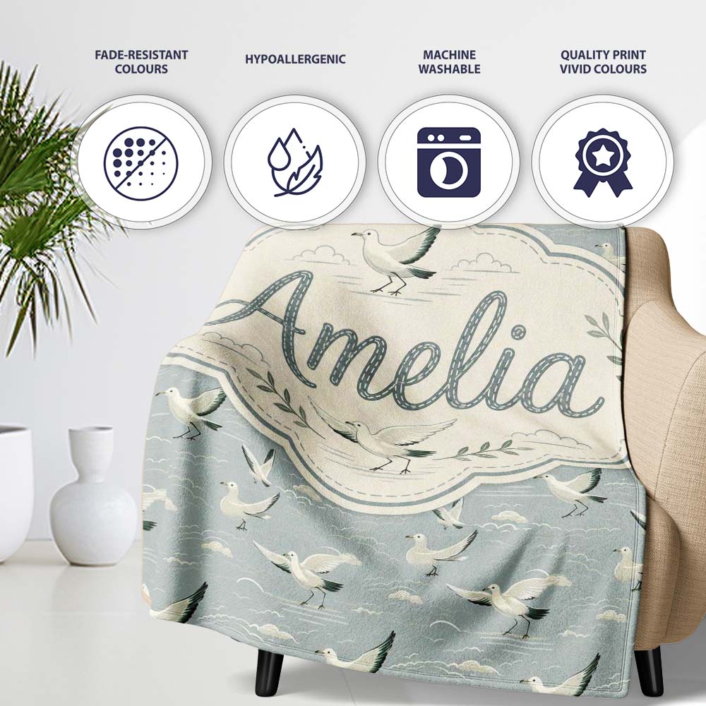 Elegant Flying Seagulls Soft Cloud Sky Seamless Pattern Lovely Personalised Custom Name Super Soft Fleece Blanket Bed Sofa Throw
