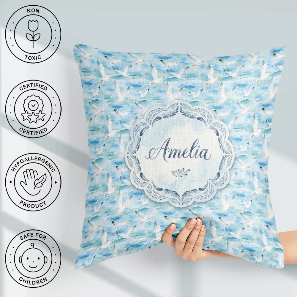 Custom Name Watercolor Seagulls Flying Over Ocean Waves Seamless Square Filled Cushion Throw Pillow Sofa Bed Home Decor Zip Washable UK Made