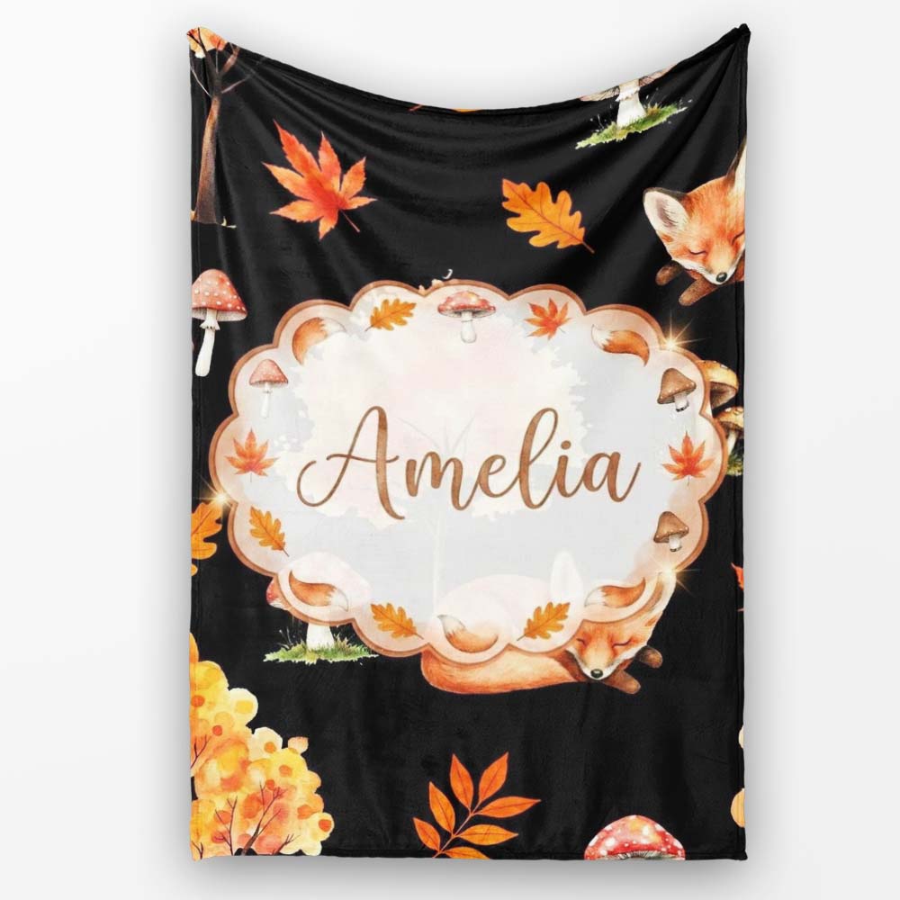 Autumn Fox Mushroom Forest Pattern Perfect Gift for Her Lovely Personalised Custom Name Super Soft Fleece Blanket Bed Sofa Throw