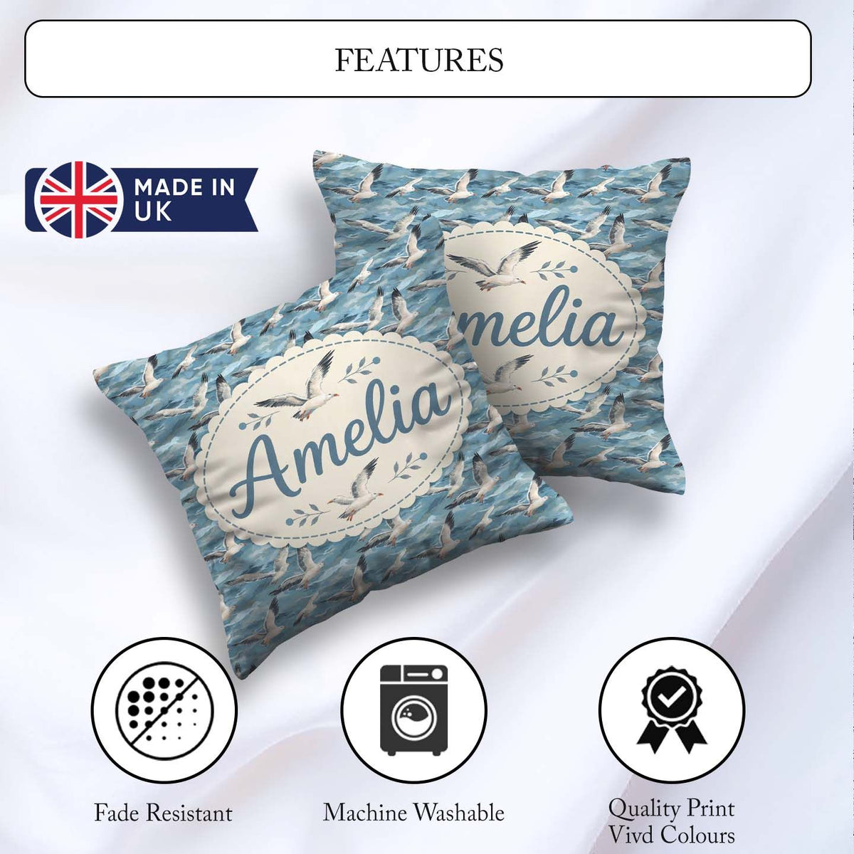 Custom Name Seagulls Over Blue Sea Waves Seamless Pattern Lovely Square Filled Cushion Throw Pillow Sofa Bed Home Decor Zip Washable UK Made