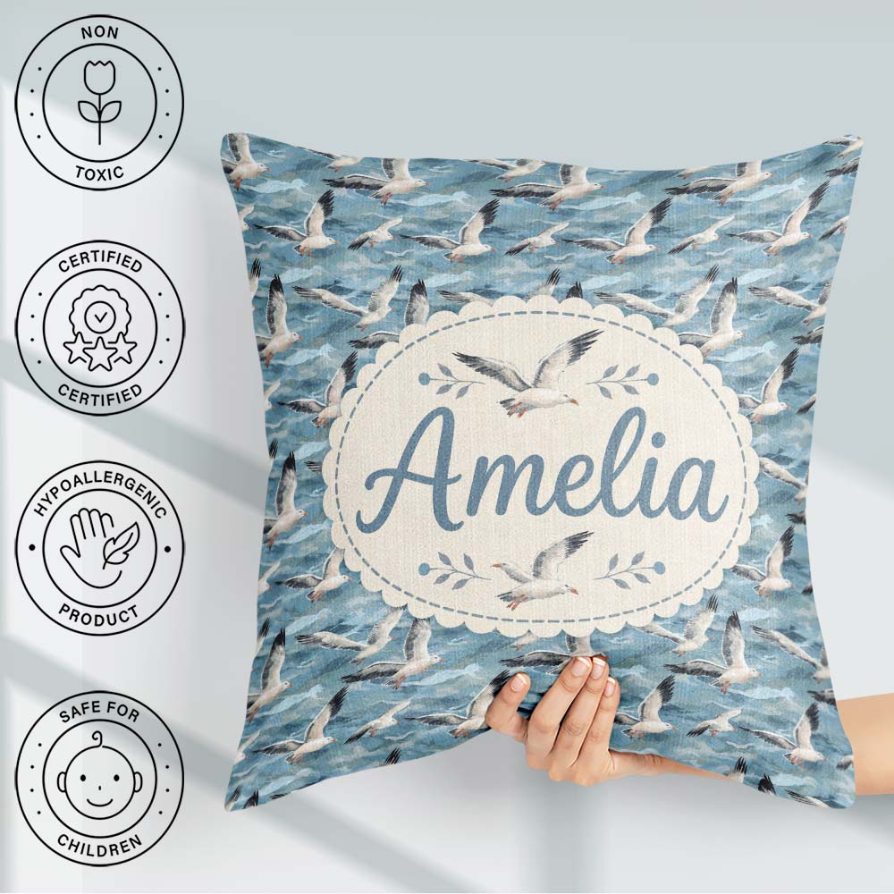 Custom Name Seagulls Over Blue Sea Waves Seamless Pattern Lovely Square Filled Cushion Throw Pillow Sofa Bed Home Decor Zip Washable UK Made