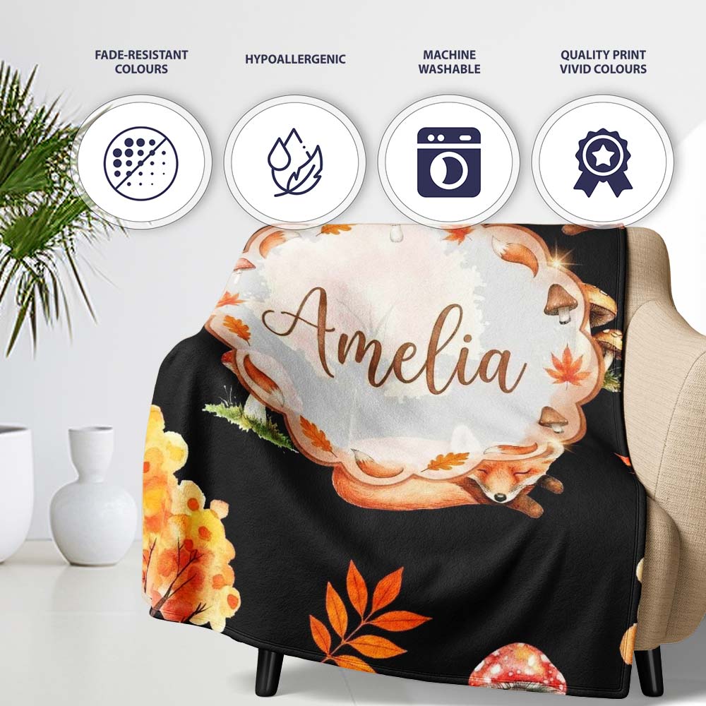 Autumn Fox Mushroom Forest Pattern Perfect Gift for Her Lovely Personalised Custom Name Super Soft Fleece Blanket Bed Sofa Throw