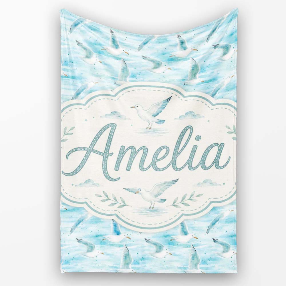 Soft Watercolor Seagulls Ocean Breeze Seamless Pattern Lovely Personalised Custom Name Super Soft Fleece Blanket Bed Sofa Throw