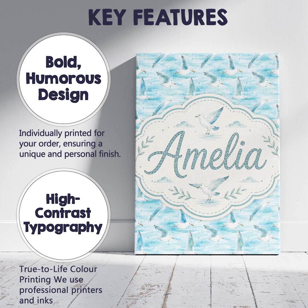 Personalised Name Soft Watercolor Seagulls Custom Unique Gift Idea Elegant Feature Canvas Wall Art Print Decor Picture Ready to Hang