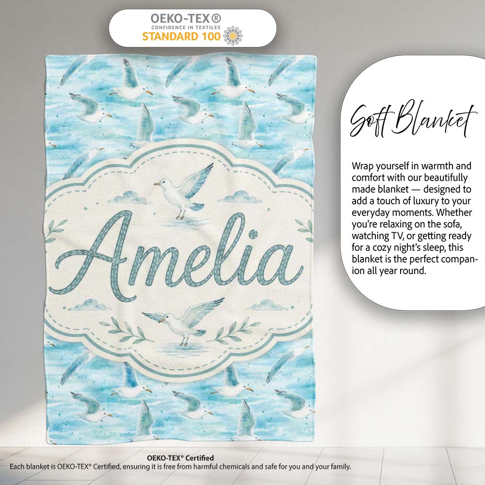Soft Watercolor Seagulls Ocean Breeze Seamless Pattern Lovely Personalised Custom Name Super Soft Fleece Blanket Bed Sofa Throw