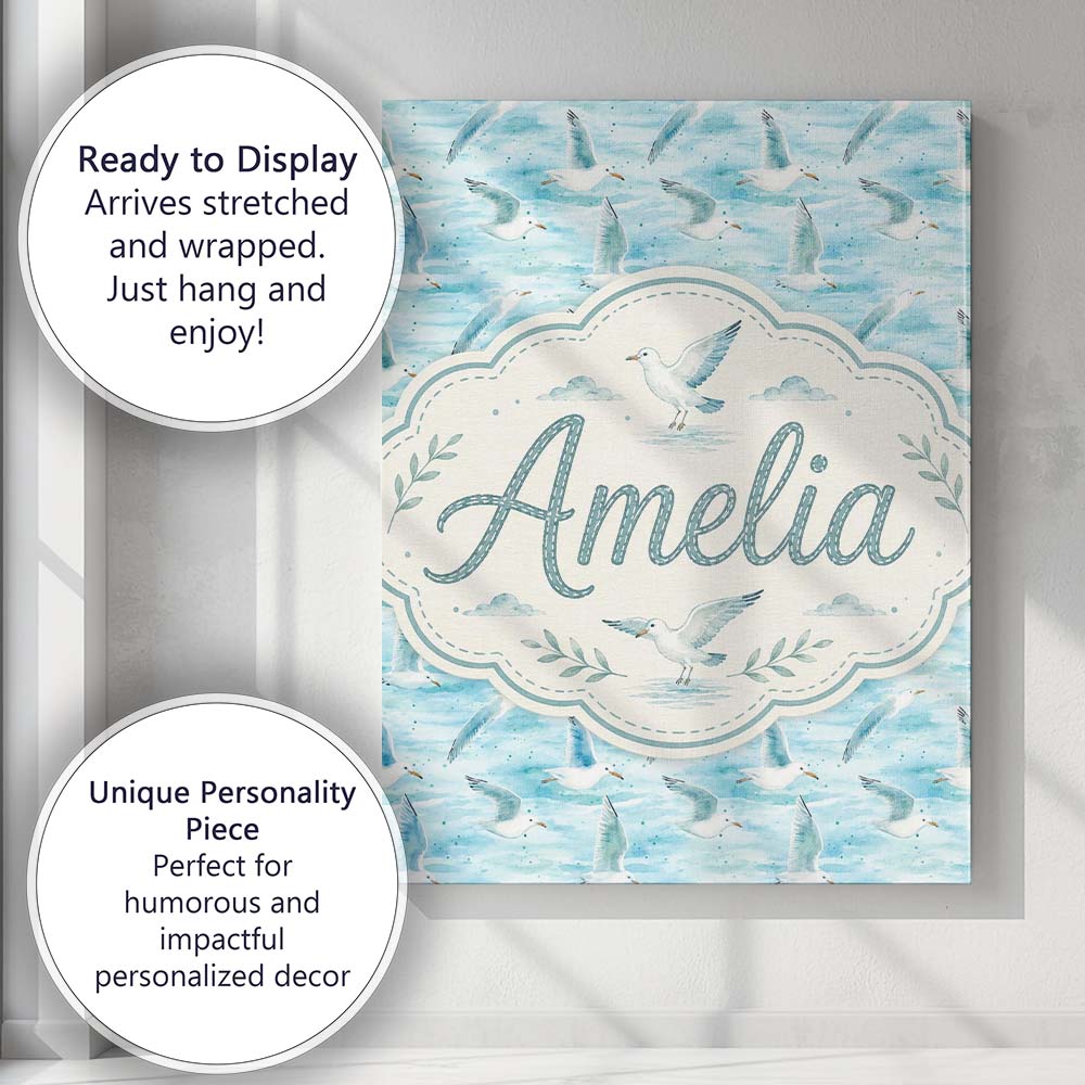 Personalised Name Soft Watercolor Seagulls Custom Unique Gift Idea Elegant Feature Canvas Wall Art Print Decor Picture Ready to Hang