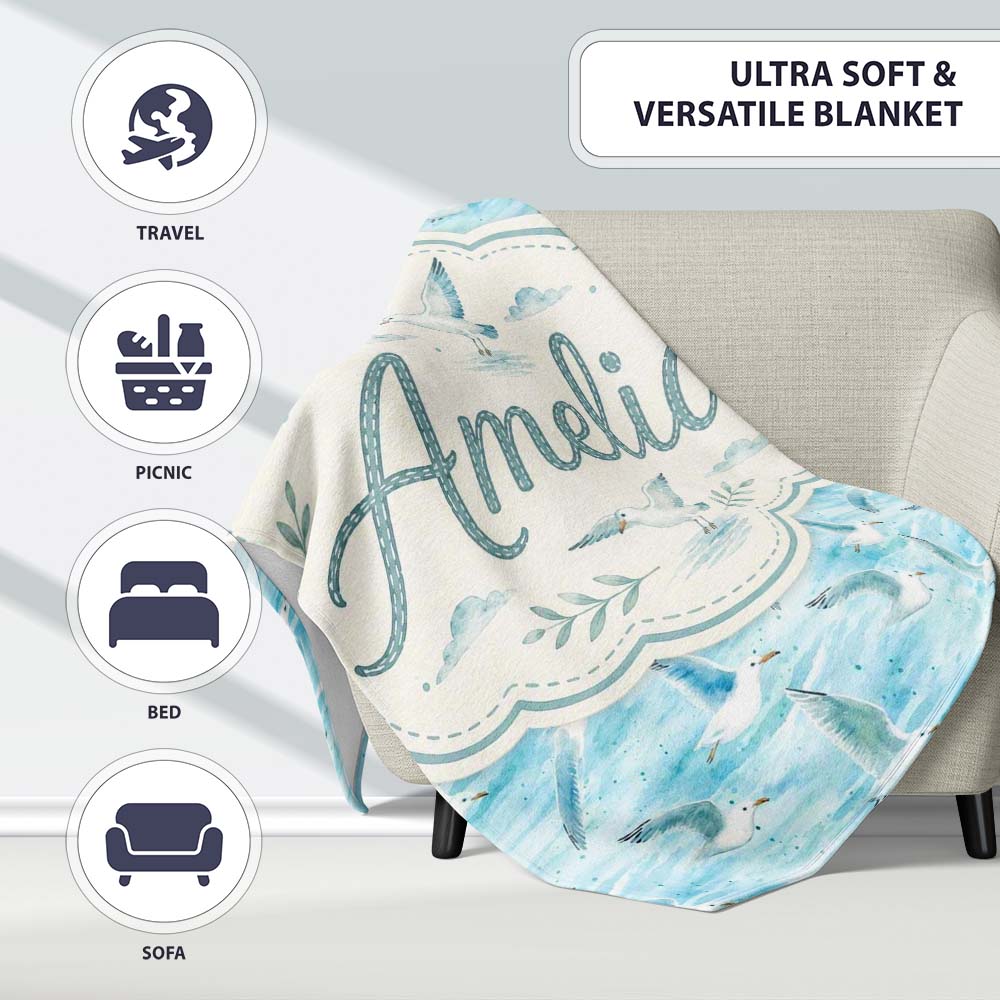 Soft Watercolor Seagulls Ocean Breeze Seamless Pattern Lovely Personalised Custom Name Super Soft Fleece Blanket Bed Sofa Throw