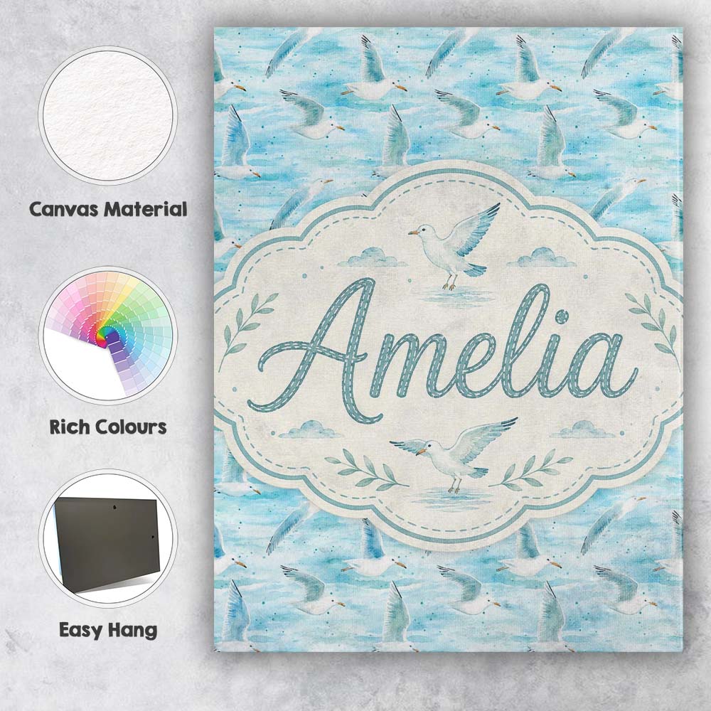 Personalised Name Soft Watercolor Seagulls Custom Unique Gift Idea Elegant Feature Canvas Wall Art Print Decor Picture Ready to Hang