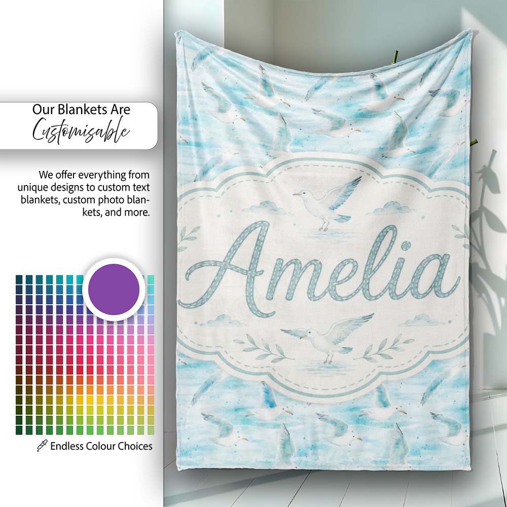 Soft Watercolor Seagulls Ocean Breeze Seamless Pattern Lovely Personalised Custom Name Super Soft Fleece Blanket Bed Sofa Throw