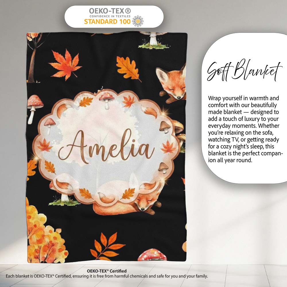 Autumn Fox Mushroom Forest Pattern Perfect Gift for Her Lovely Personalised Custom Name Super Soft Fleece Blanket Bed Sofa Throw