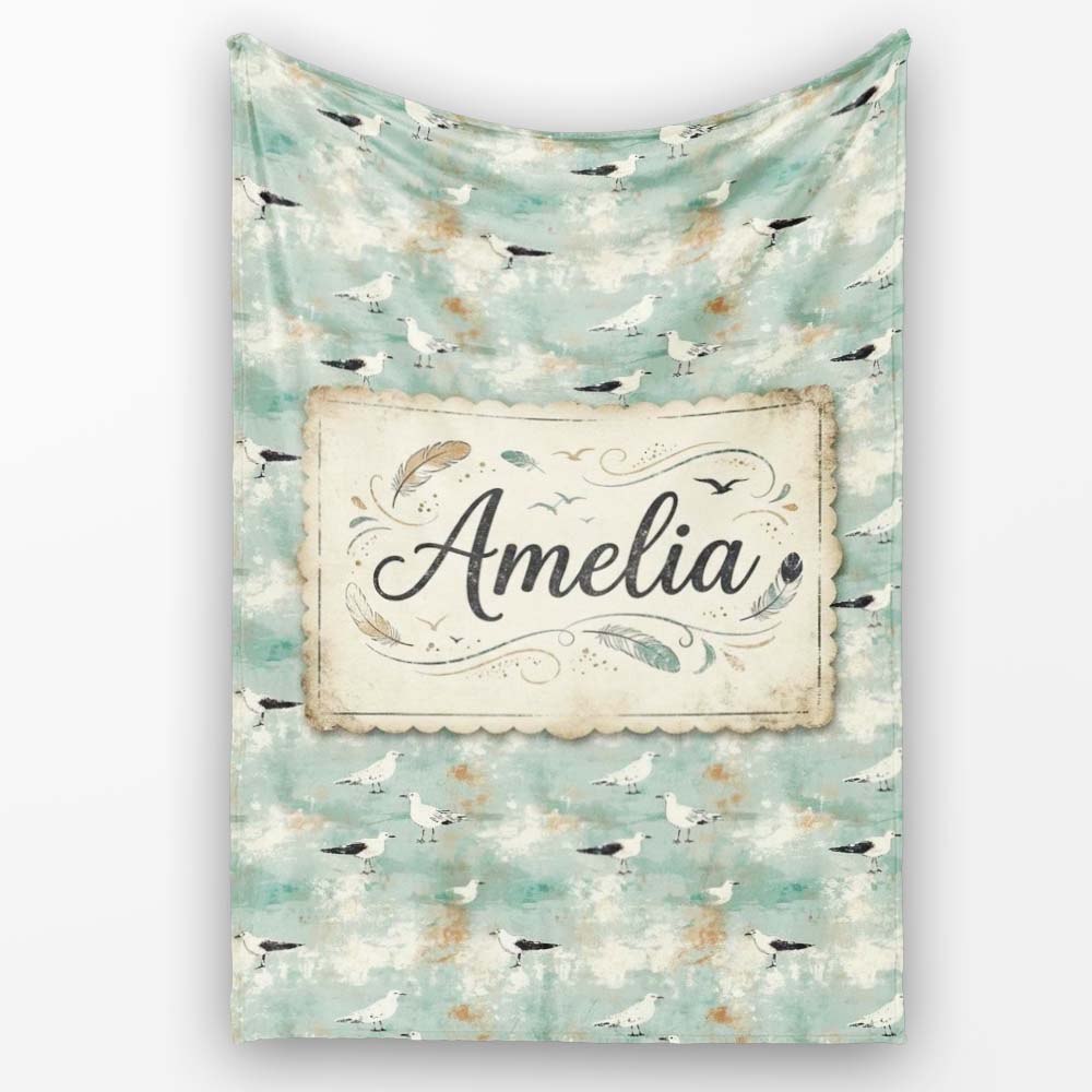 Vintage Style Seagulls on Textured Coastal Background Seamless Personalised Custom Name Super Soft Fleece Blanket Bed Sofa Throw