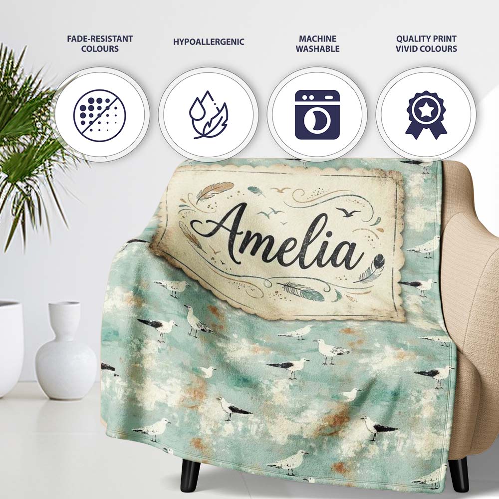 Vintage Style Seagulls on Textured Coastal Background Seamless Personalised Custom Name Super Soft Fleece Blanket Bed Sofa Throw