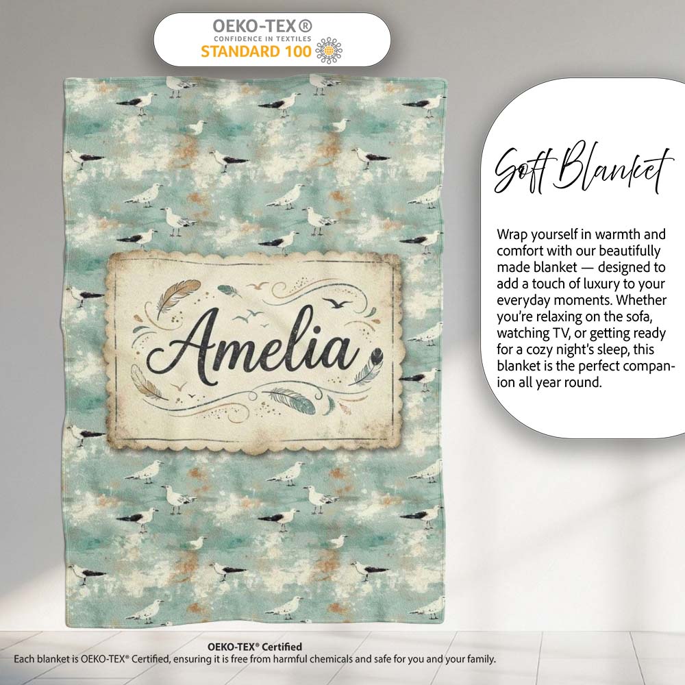 Vintage Style Seagulls on Textured Coastal Background Seamless Personalised Custom Name Super Soft Fleece Blanket Bed Sofa Throw