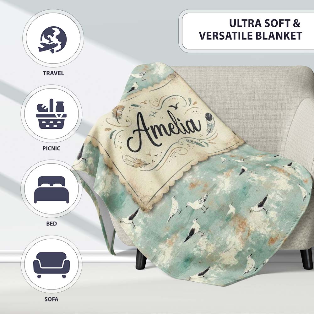 Vintage Style Seagulls on Textured Coastal Background Seamless Personalised Custom Name Super Soft Fleece Blanket Bed Sofa Throw