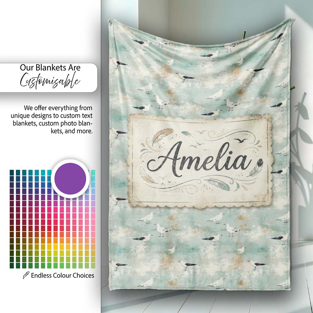 Vintage Style Seagulls on Textured Coastal Background Seamless Personalised Custom Name Super Soft Fleece Blanket Bed Sofa Throw