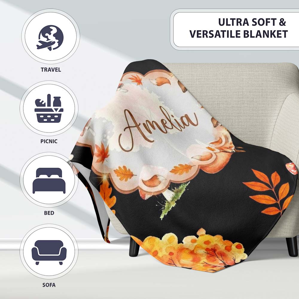 Autumn Fox Mushroom Forest Pattern Perfect Gift for Her Lovely Personalised Custom Name Super Soft Fleece Blanket Bed Sofa Throw