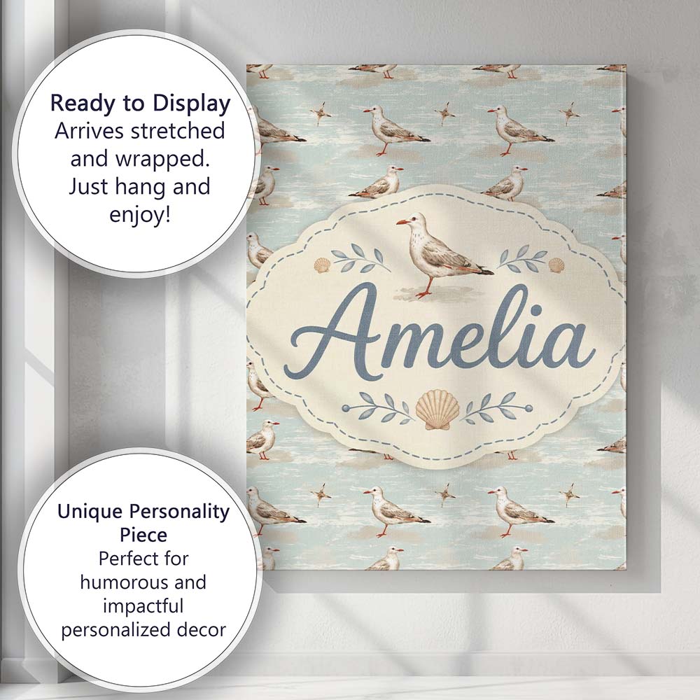 Personalised Name Realistic Seagulls with Custom Unique Gift Idea Elegant Feature Canvas Wall Art Print Decor Picture Ready to Hang