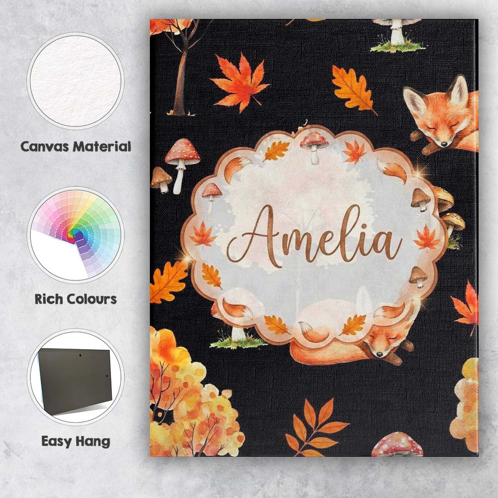 Personalised Name Autumn Fox Mushroom Forest Pattern Perfect Custom Contemporary Canvas Wall Art Print Decor Picture Ready to Hang