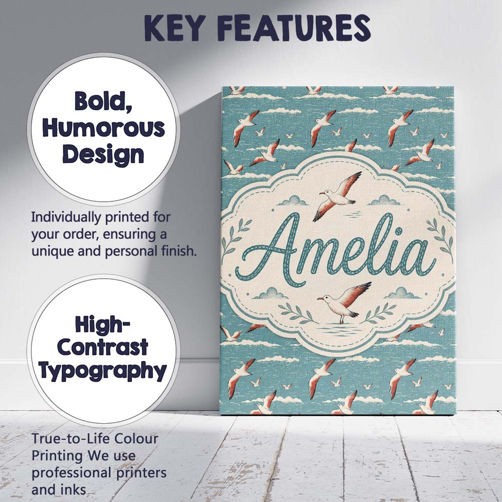 Personalised Name Flying Seagulls Over Custom Modern Room Accent Elegant Feature Canvas Wall Art Print Decor Picture Ready to Hang